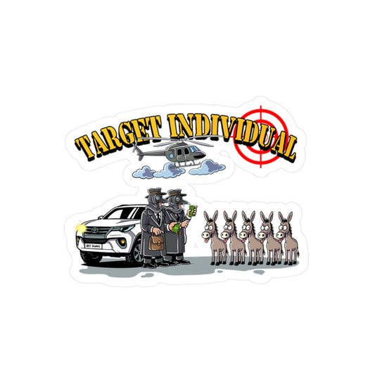 Target Individual Kiss-Cut Vinyl Decal — Humorous Cartoon Cop Car, Helicopter & Donkey Lineup Sticker